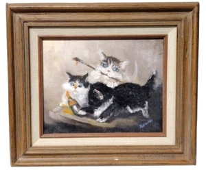 Pintura al óleo original vintage gatitos juguetones gatito gato lindo firmado enmarcado 13x15 - Imagen 1 de 12