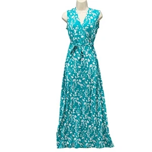 Leota Faux Wrap Maxi Dress Teal White Floral Belted Sleeveless Stretch Size S - Picture 1 of 12