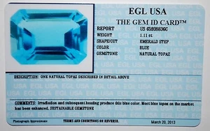 EGL USA CERTIFIED NATURAL TOPAZ EMERALD STEP BLUE 1.11 CT GENUINE GEMSTONE - Picture 1 of 3