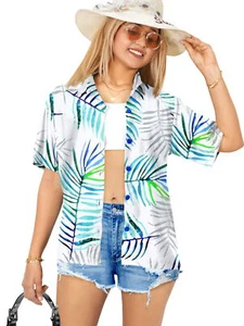 HAPPY BAY Women's Button Down Blouses Casual Summer M Thin Leaves, Multicoloured - Picture 1 of 3