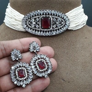 Indian Bridal Zircon Kundan Choker Necklace Set Pearls Wedding Bollywood Jewelry - Picture 1 of 3