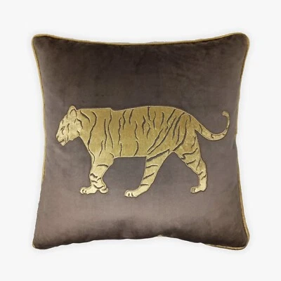 Handmade Tiger Decorative Velvet throw Pillow Cushion Cover | Ash Brown - Image 1 of 4