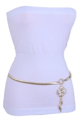 Women Skinny Elastic Waistband Belt Gold Metal Flower Bling Stylish Look S M L - image 1 of 4