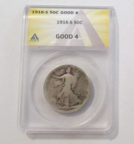 1916-S  WL Walking Liberty Half Dollar 50c ANACS G4 Good 4 Scarce Date Cover