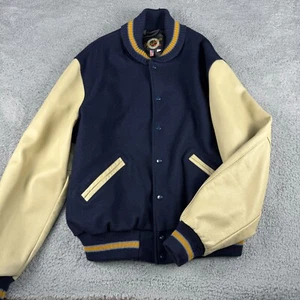Dehen Varsity Giacca Uomo Grande Blu Navy Marrone Pelle Snap Manica Lunga Invernale - Foto 1 di 18