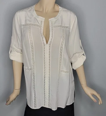 Top túnica Bcbgmaxazria Maggie seda blanco roto encaje cuello en V talla L Foto 1 de 4