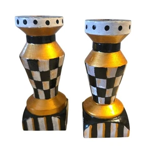 2 Candelabros de Madera Reciclados Negro Blanco Dorado Cuadros Pintados a Mano EE. UU. - Imagen 1 de 10