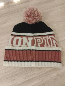 Victoria's Secret Pink Nation Beanie Hat Pom-Pom One Size Pink/Black Color Block - Picture 1 of 12