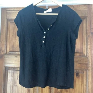 C & C California Black Women Linen Shirt Cap Sleeve Henley L Shell Buttons - Picture 1 of 5