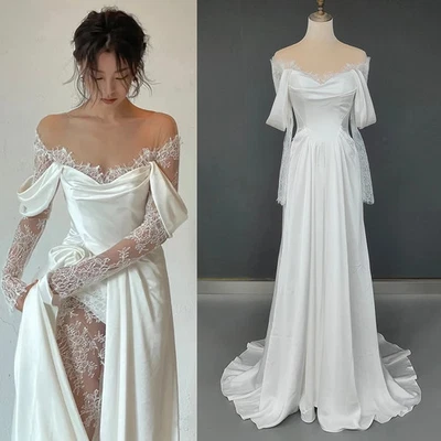 Elegant Satin A-Line Wedding Dresses Long Sleeves High Slit Ruched Bridal Gowns - Image 1 of 4