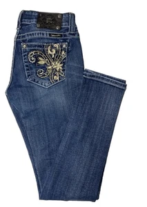 Miss Me Womens 27X32 Blue Denim Jeans Skinny Jewelled Stretch Fleur De Lis - Picture 1 of 9