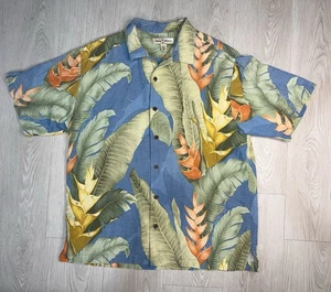 Tommy Bahama 100 % Seide blau und grün Blätterdruck Shirt Größe Medium - Bild 1 von 8