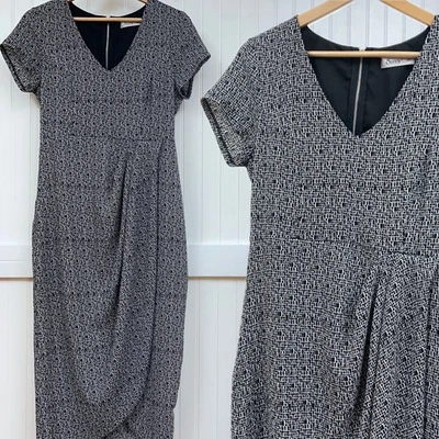 Vestido midi Sunny Girl negro blanco manga gorra cuello en V para mujer talla M drapeado delantero Foto 1 de 4