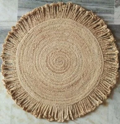Round Jute Rug in Beige Color Tussle Design Handmade Area Rug for Living Room - Image 1 of 4