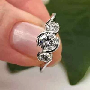 Three Stone Wedding Bezel Set 14K White Gold Plated 1.8 Ct Round Moissanite Ring - Picture 1 of 11
