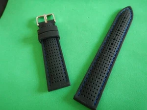 18 mm BRACELET BOMBÉ TROUS ÉTANCHE GOMME NOIR COUTURE BLEU RALLYE RACING - Imagen 1 de 10