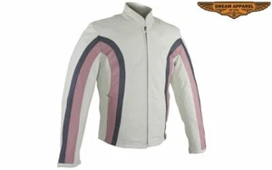 Chaqueta de cuero suave para mujer de motocicleta con rayas y bolsillos plateados y rosados - Imagen 1 de 7