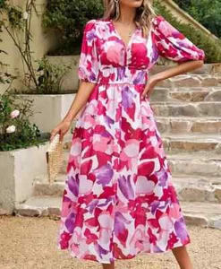 Womens Floral Print Spring High Waist Dress Elegant Female Maxi Long Dresses - Picture 1 of 36