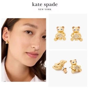 NWT Kate Spade OH WHAT FUN 12-K Gold Plated CZ Crystals Spade Bear Stud Earrings - Picture 1 of 7