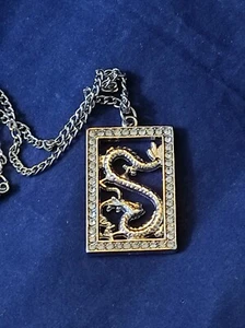 Pave Rhinestone Edge Chinese Dragon Cartouche Necklace Silver Plate - Picture 1 of 7