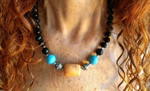 ☯️COLLANA DONNA UOMO PIETRE DURE CORALLO, TURCHESE, ONICE, ARGENTO. NEPAL STYLE - Foto 1 di 7