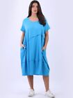 Made In Italy Midi Dress Lagenlook Oversized Cotton Pockets Azure Sizes 14 To 22