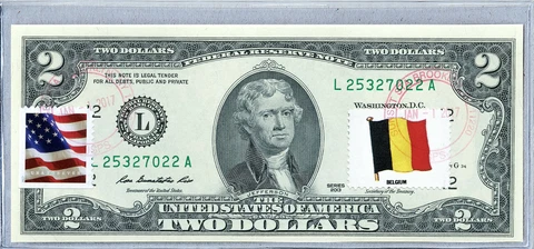 Two Dollar Bill US Currency Notes Federal Reserve Bank $2 Gem Unc Flag Belgium Cover