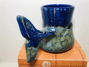 VTG Doug Wylie Blue Drip Glaze Dolphin Whale Tail Pottery Mug Tail Handle - Picture 1 of 6