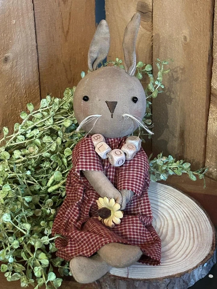 Primitive Bunny Rustic Rabbit Bloom Flower Fabric spring Easter Decor Farmhouse - Image 1 of 1