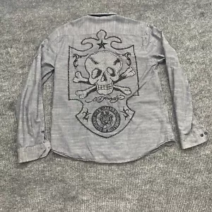 Ed Hardy Shirt Mens Large Gray Long Sleeve Button Up Studded Skull Tattoo Y2K - Picture 1 of 17