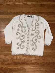 Vintage Christmas Cardigan Work In Progress Sweater Cream Gold Snowflakes 2X NWT - Picture 1 of 22