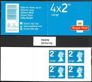 GB 2016 4 x 2nd Class Large. Security Machins, Barcode Booklet. S.G. RA4[16]