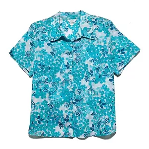CJ Banks, Turquoise and White Floral Print Button-Up Short Sleeve Shirt, size 2X - Picture 1 of 3