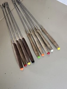 Vintage Skewers MCM Fondue Fork Set 9 Stainless Steel Teak Wood Hors D’oeuvre  - Picture 1 of 9