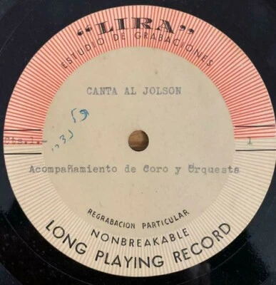 Jewish Cantorial 1950's 10" Acetate -Al Jolson-Kol Nidrey- Made in Mexico Lira  - Image 1 of 2