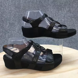 Abeo Sandals Womens 10 Gia Strappy Black Leather Casual Open Toe Beaded Wedge - Picture 1 of 16