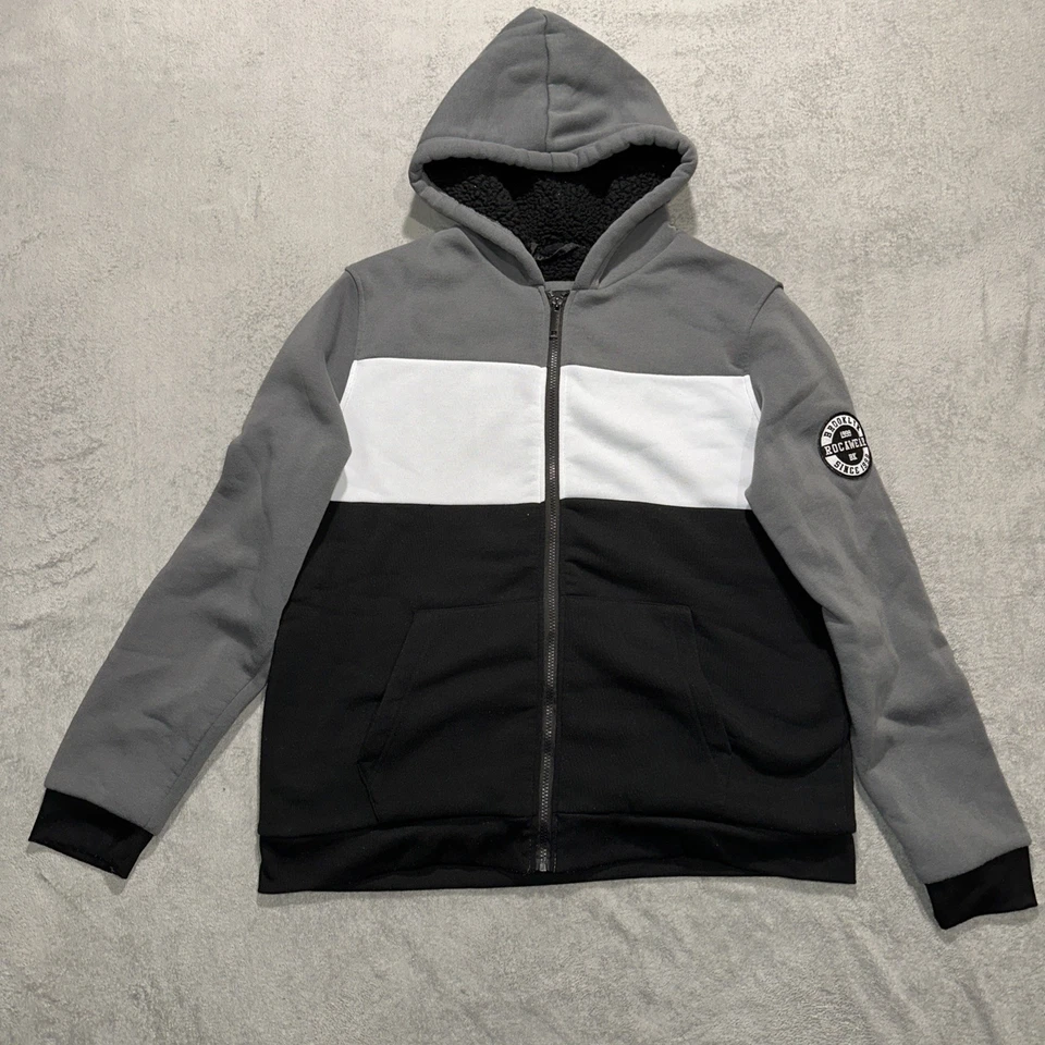 Sudadera con Capucha Forrada Rocawear Sherpa Negra/Blanca/Gris Cremallera Y2K Patinador Para Hombres XL Foto 1 de 4