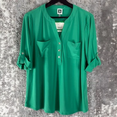 NUEVO Anne Klein Talla L Informal Cuello en V Top Verde Bolsillos Pullover Botón Nuevo con Etiquetas Foto 1 de 4