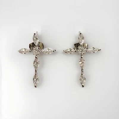 Silver Plated Glass Marquis Cut Cross Earrings – Unmarked - Image 1 of 3