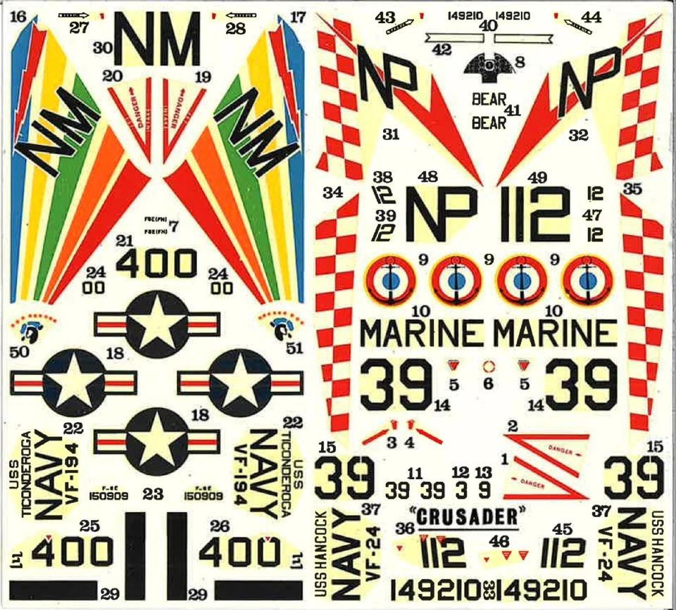 VOUGHT F-8E/E (FN)/J CRUSADER 1/72 DECALS DA KIT HELLER - 137x124mm ca. - Immagine 1 di 1
