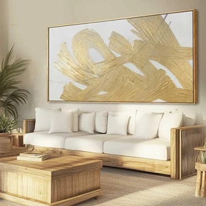 White and Gold Wall Painting Neutral Wall Decor Modern Abstract Wall Art Mini... - Picture 1 of 7