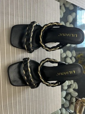 Liliana Black Faux Leather Braided Chain Strap Heeled Sandal Sz 7 - Image 1 of 4