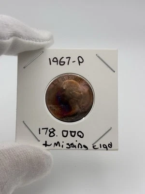 1967-P 25c Quarter Missing Clad Layer + DDO + Red and Blue Toning | Lot 178 - Image 1 of 4