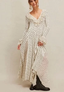 Free People Annalise Waffle Thermal Ruffles Bell Sleeve Godet Maxi Dress XL - Picture 1 of 12