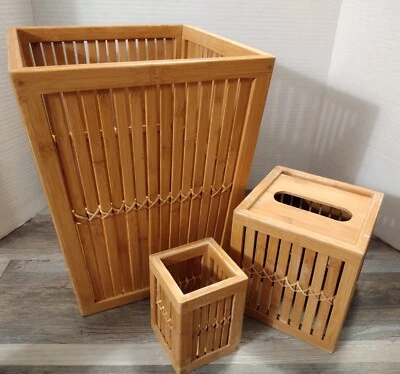 Juego de tres piezas de bambú - Cesta de papel de desecho - Cubierta de caja de pañuelos y caja diversa Foto 1 de 4