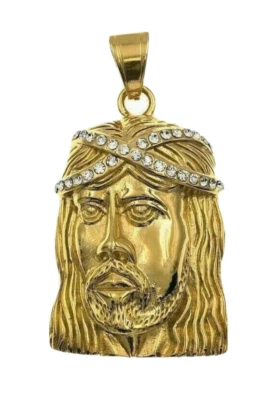 Jesus Head Charm Pendant CZ Men Gold Plated  Stainless Steel Jewelry G14 - Image 1 of 2