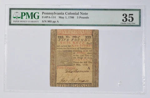 May 1 1760 Pennsylvania Colonial 5 Pounds Note - Graded PMG BEN FRANKLIN *3284 Cover