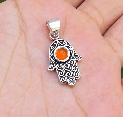 Arancione Corniola Gemma 925 Argento Sterling Hamsa Mano Ciondolo Babyshower - Immagine 1 di 4