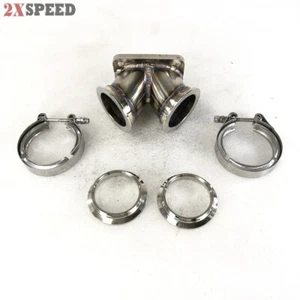 COMBO T4 Twin Scroll Flange to 2.5" V-band Dual Inlet SS Adapter+Clamps+Flanges - Picture 1 of 15