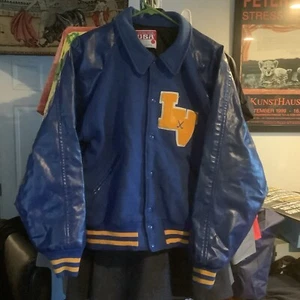 Vintage Awards USA Wool Leather Letterman Varsity Jacket Large Blue Yellow LV L - Bild 1 von 6